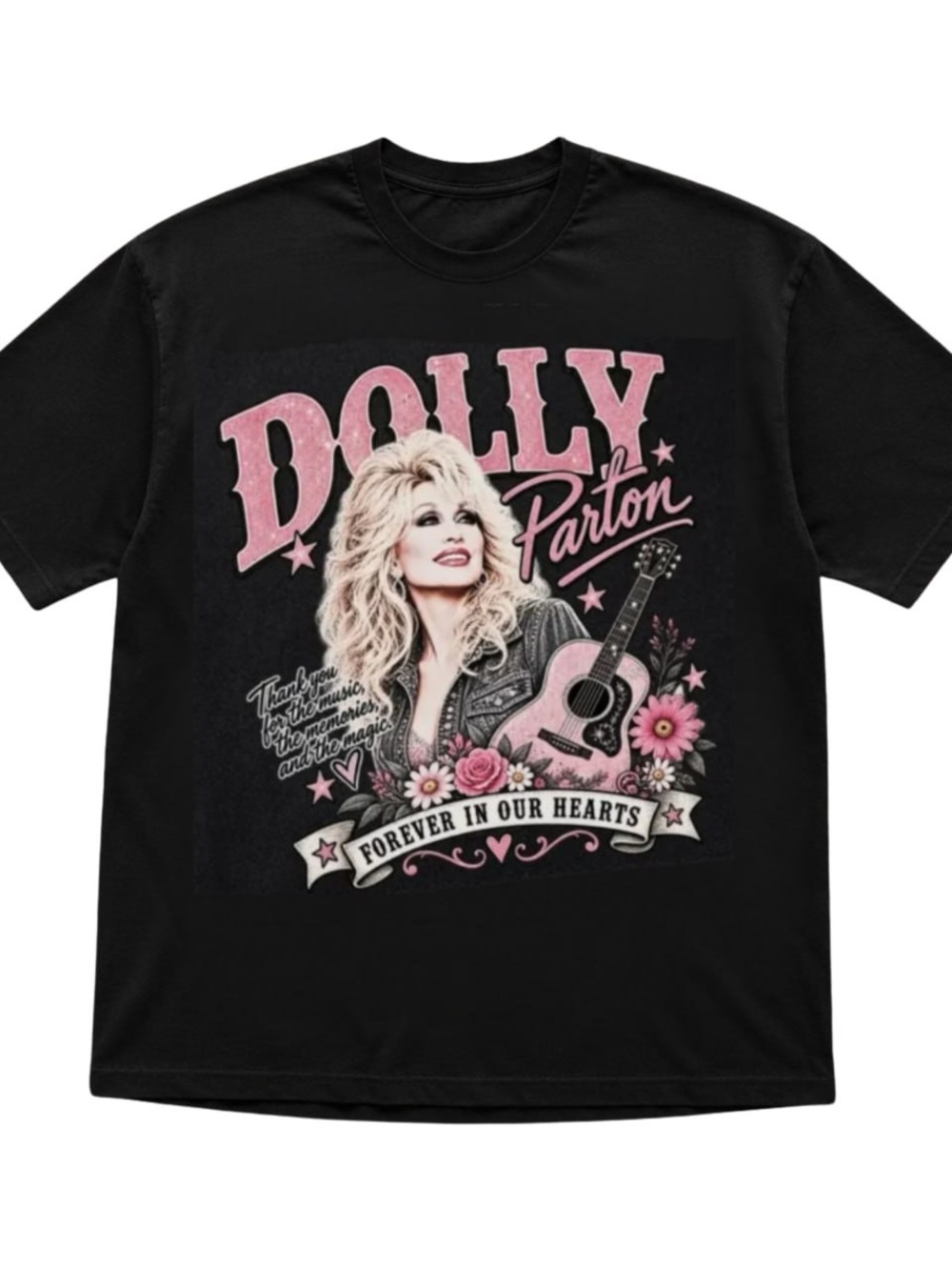 Black Short-Sleeve Dolly Parton Graphic Tee with Pink Accents